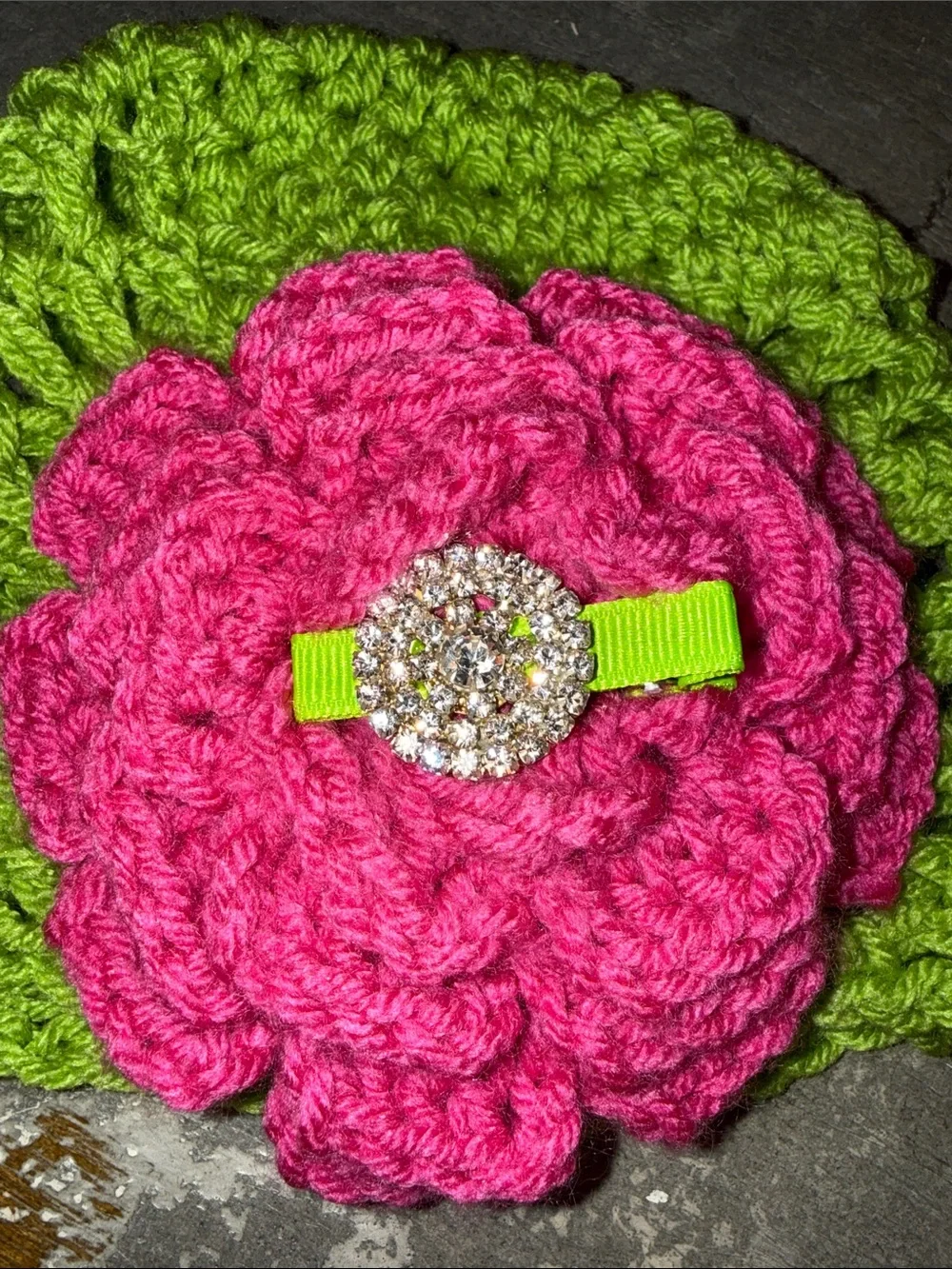 NWOT Handmade Green Crochet Beanie with Pink Flower and rhinestone Accent